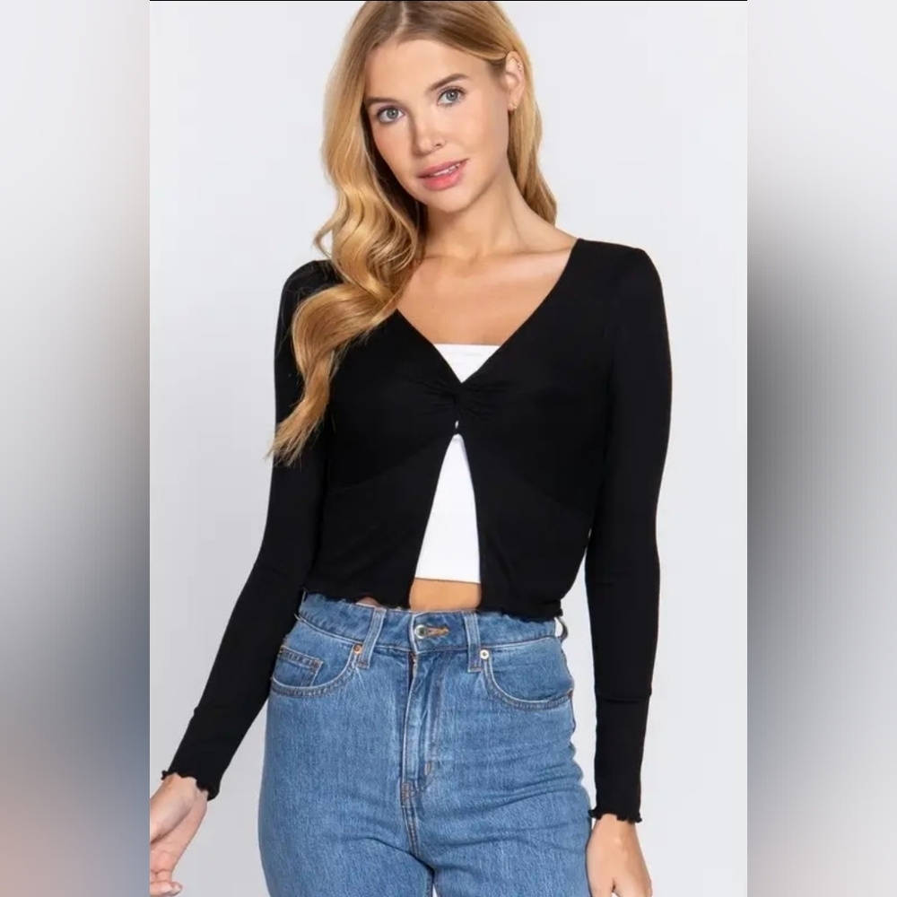 Long Sleeve V-Neck Front Twisted Knit Top